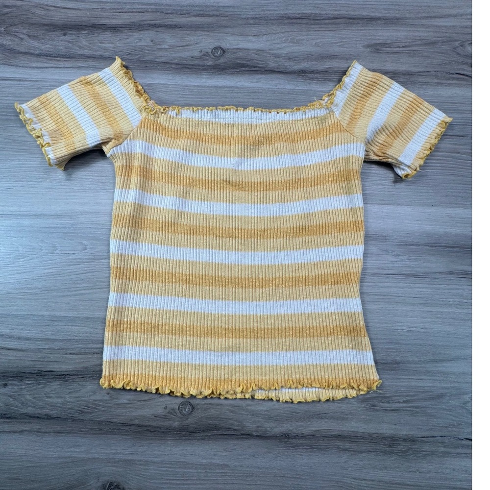 Better Be Yellow White Striped Off Shoulder Lettuce Edge Ribbed Top Medium